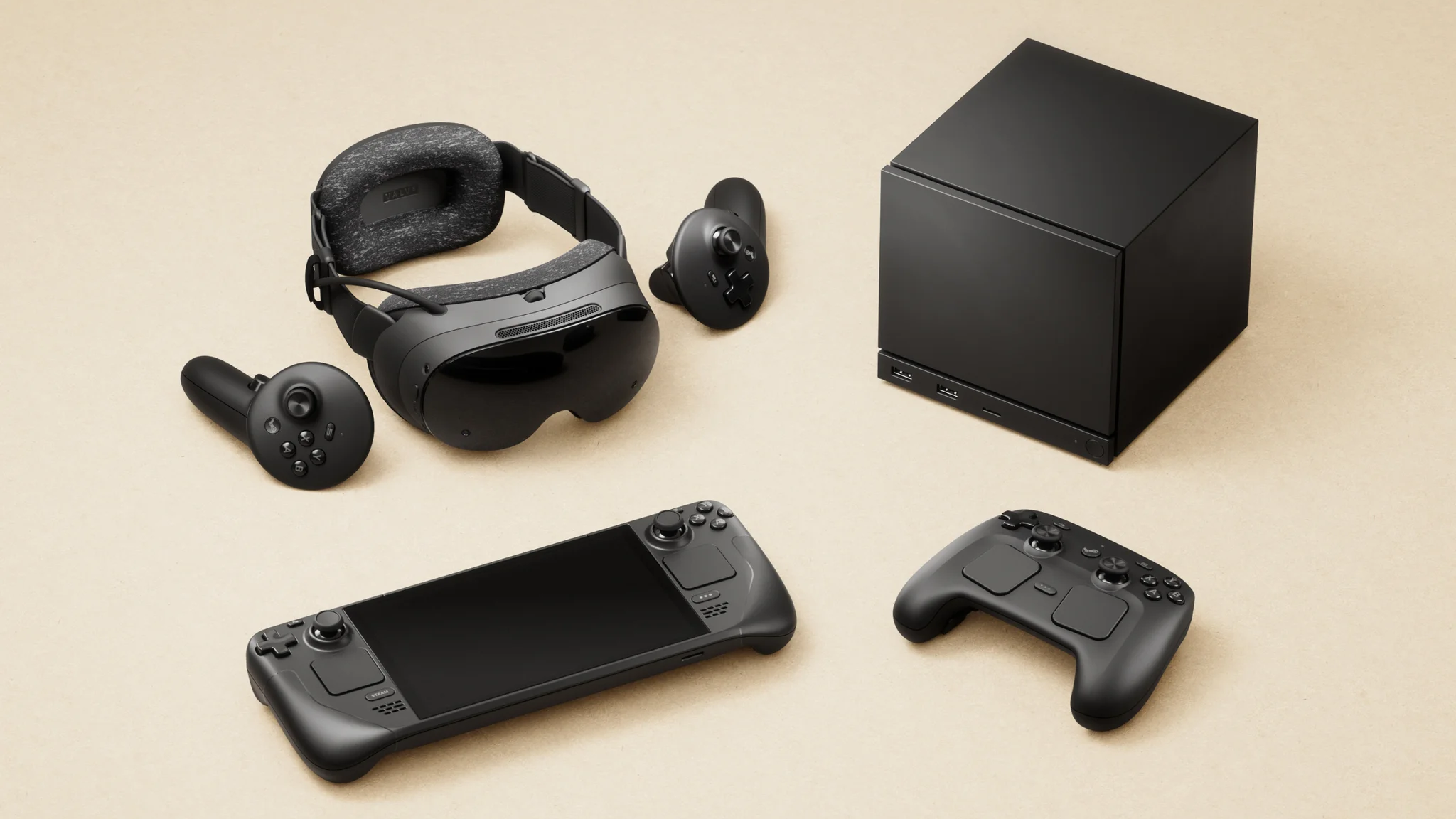 Picture of the Steam Machine, Steam Deck, Steam Controller, and Steam Frame