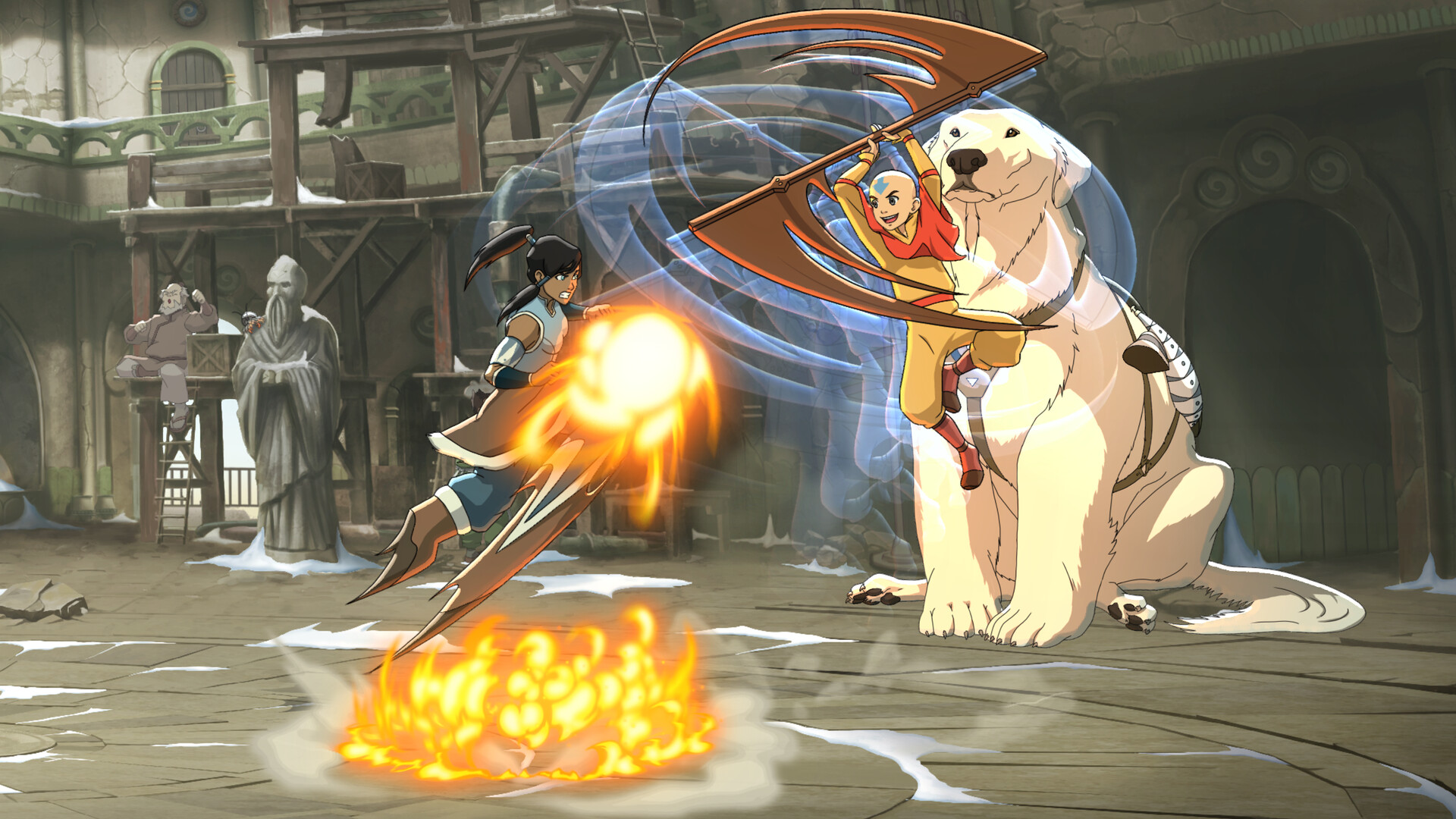 Korra and Aang fighting in Avatar Legends: The Fighting Game