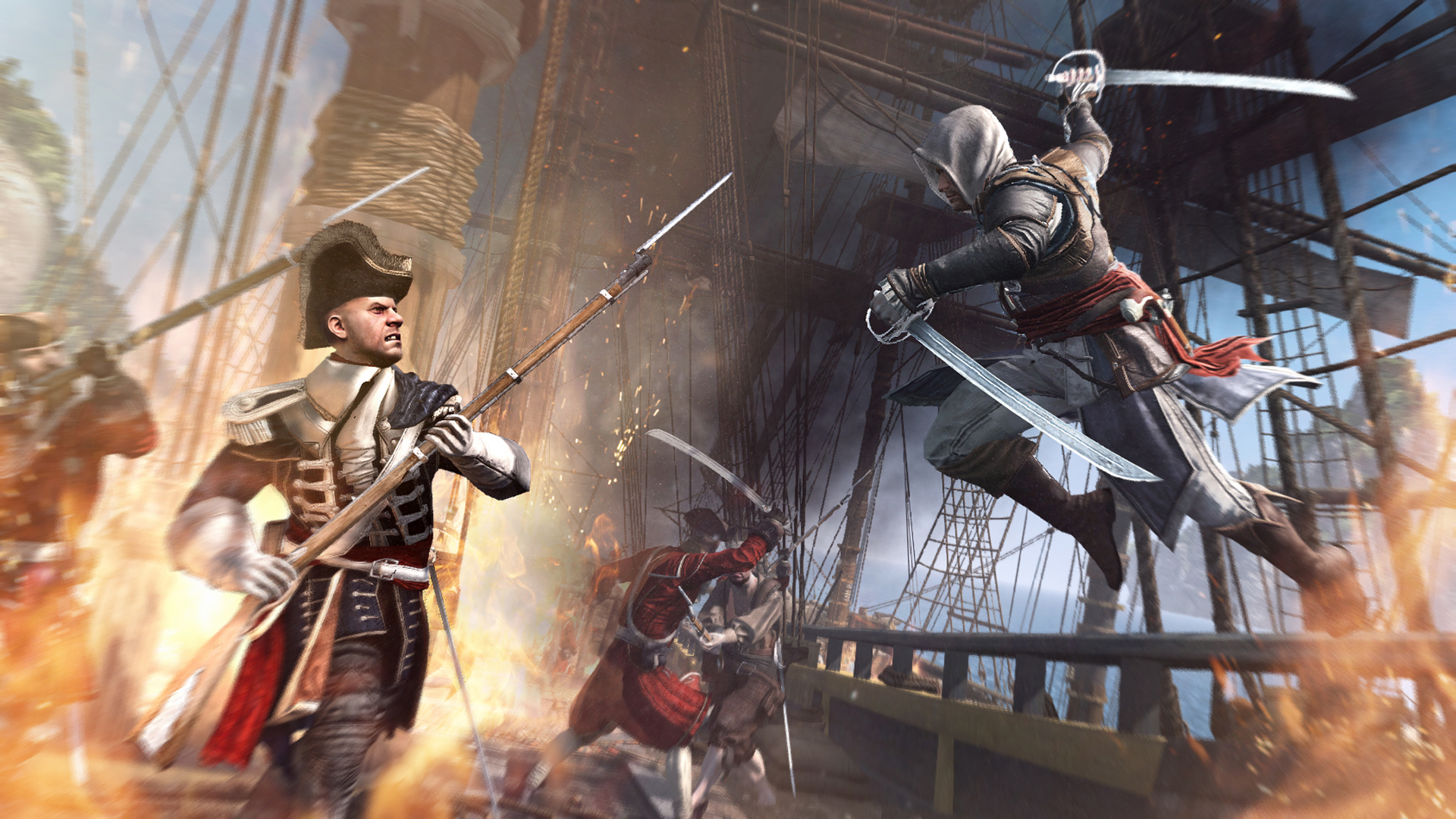 Edward Kenway jumping into a British enemy in Assassins Creed IV Black Flag