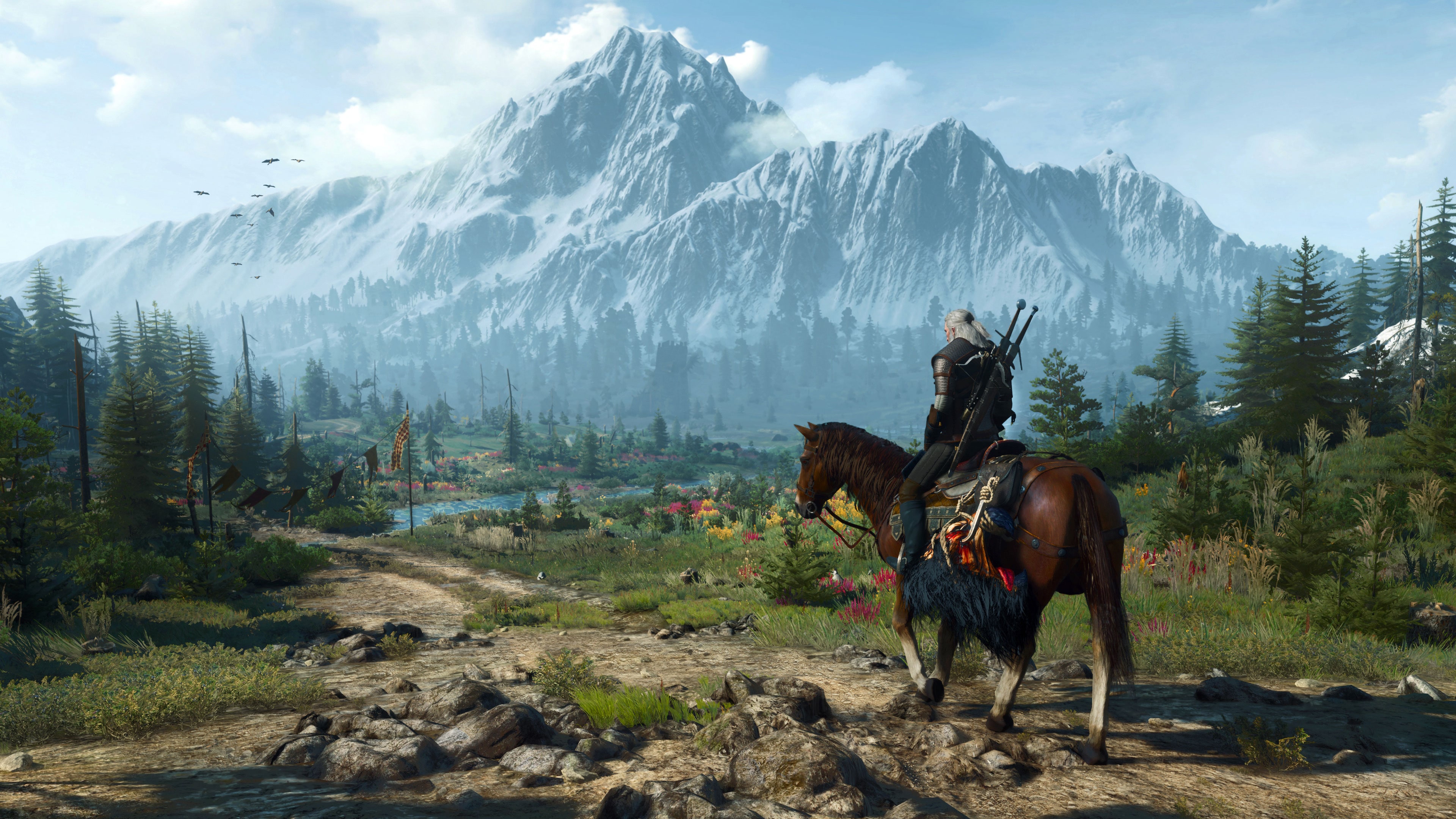 Geralt on a horse in The Witcher 3